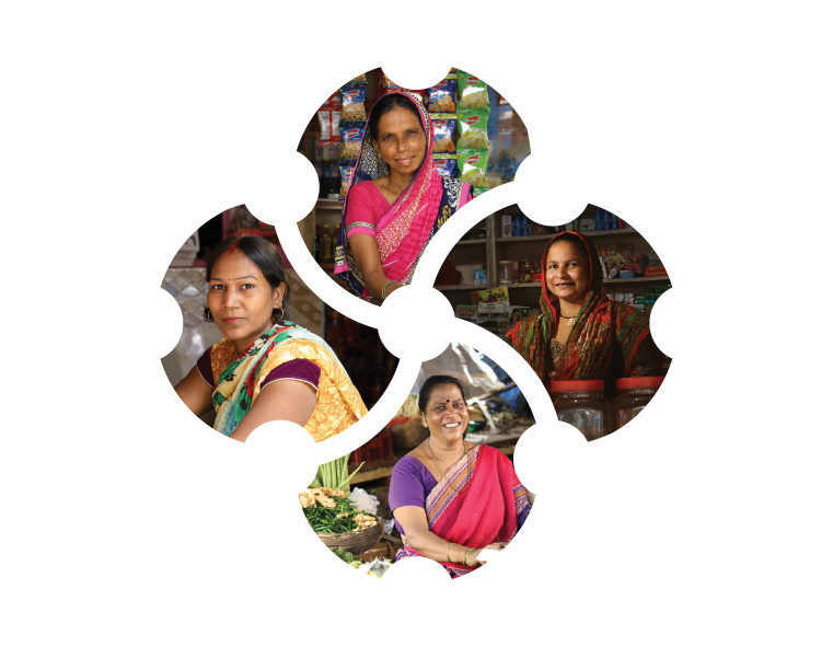 Women entrepreneurs in rural India proudly displaying their businesses; tailoring, dairy, and retail, after receiving Joint Group Lending loans disbursed by NBFCs and MFIs using Twinline.org's software platform.